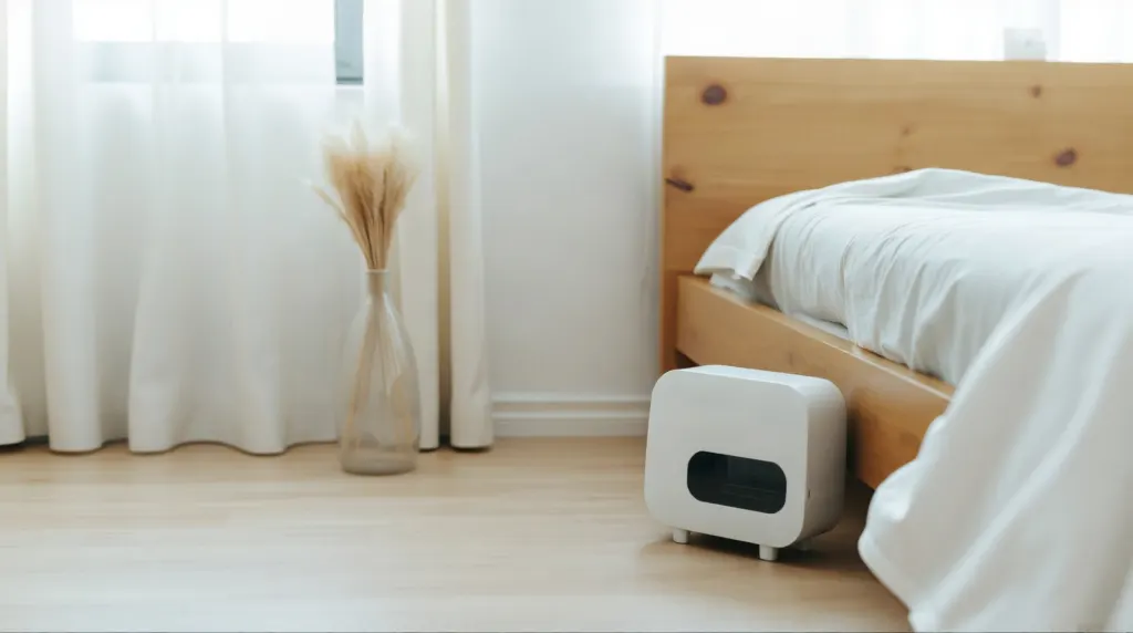 Absorbeur d'humidité Rubson posé dans l'angle d'une chambre