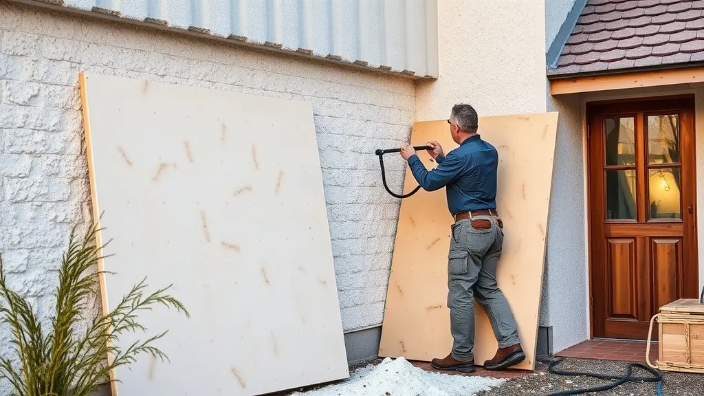 Artisan posant des panneaux isolants sur les murs extérieurs d'une maison