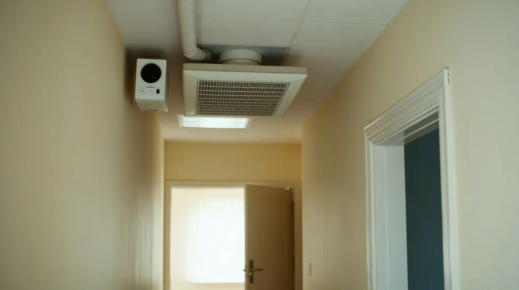 Caisson de VMC fixé au plafond d'un couloir de maison