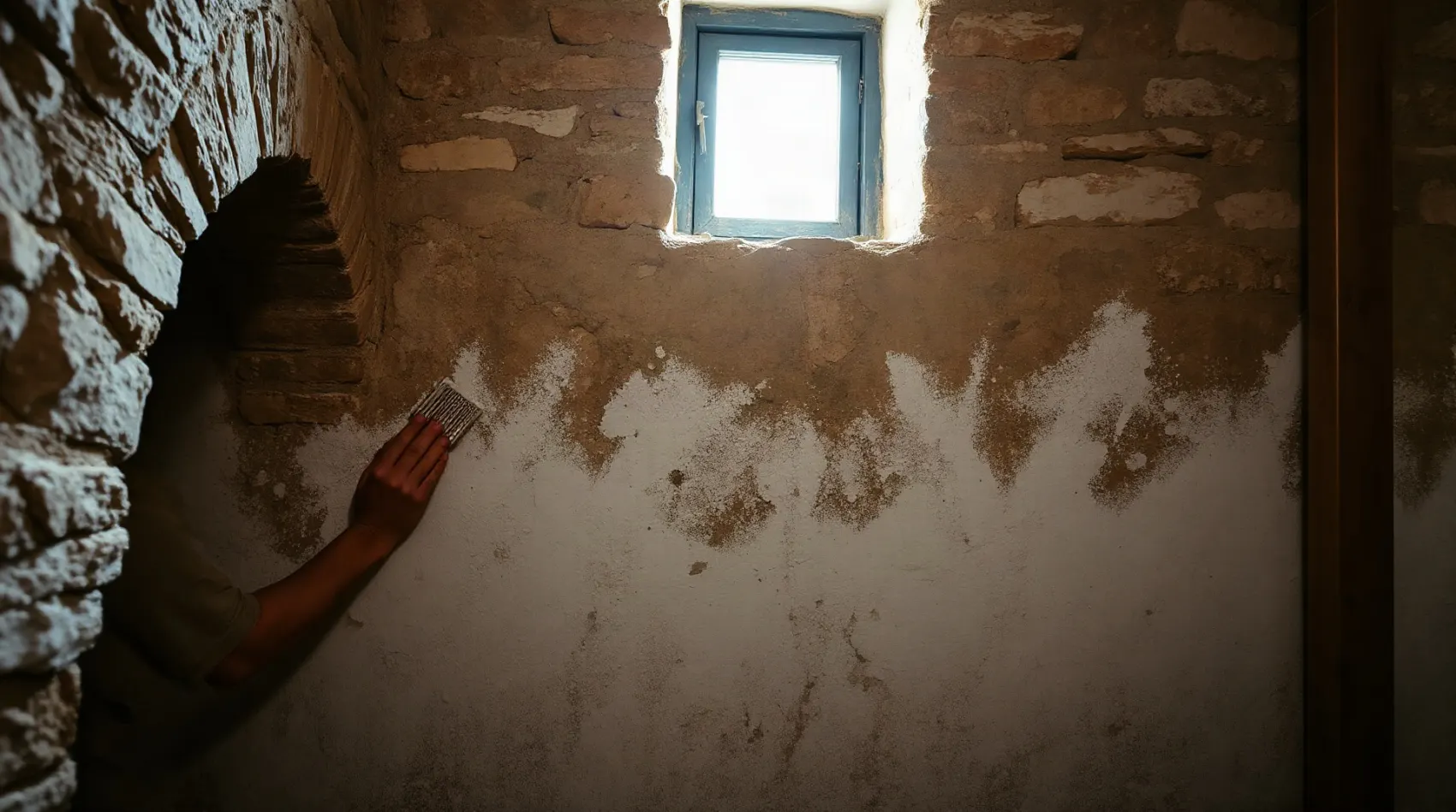 Efflorescences de salpêtre à la base d'un mur en pierre