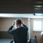 Homme vidant le réservoir d'un déshumidificateur dans une cave