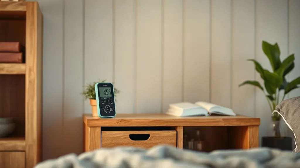 Hygromètre numérique posé sur une étagère en bois dans une chambre