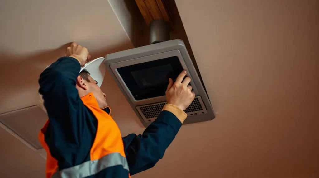 Technicien installant une VMC double flux dans les combles