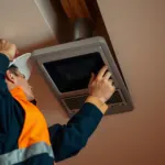 Technicien installant une VMC double flux dans les combles