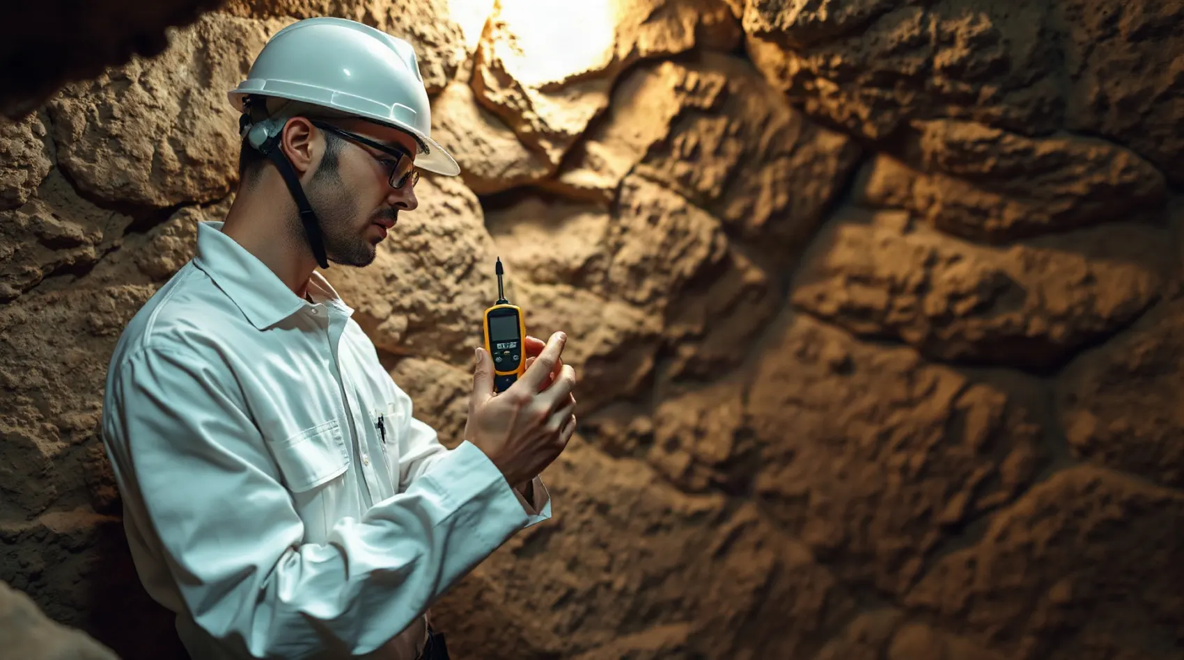 Technicien mesurant le taux d'humidité d'un mur avec un hygromètre dans une cave