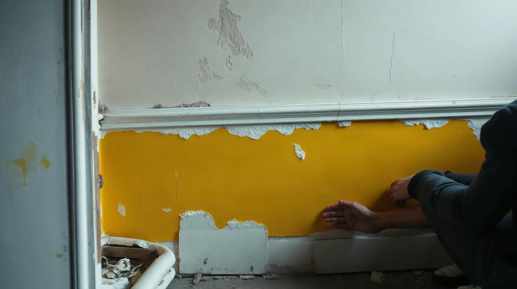 Traces de remontées capillaires sur un mur intérieur