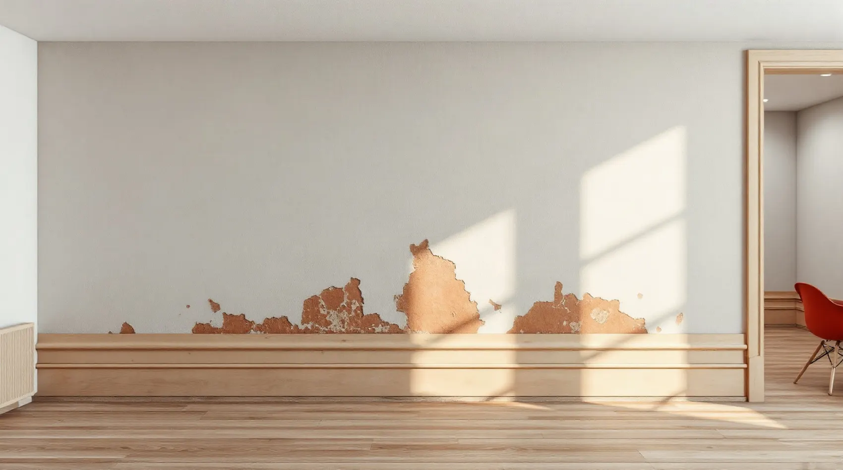 Traces de salpêtre et d'humidité à la base d'un mur intérieur