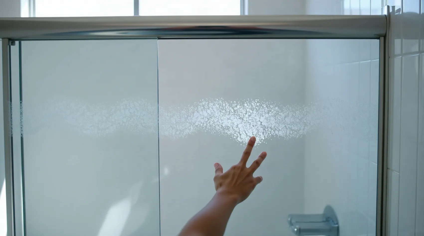 Dépôts calcaires visibles sur une paroi de douche en verre