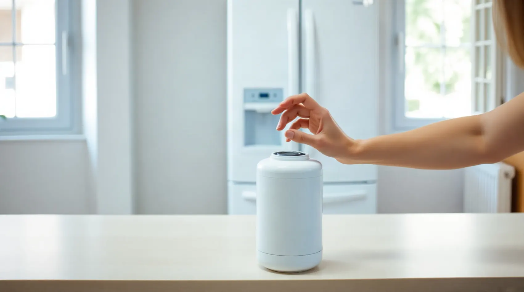 Filtre à eau retiré d'un frigo américain Samsung posé sur un plan de travail