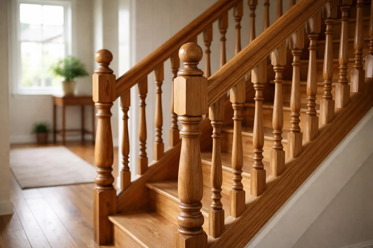 Garde-corps en bois massif installé sur un escalier intérieur