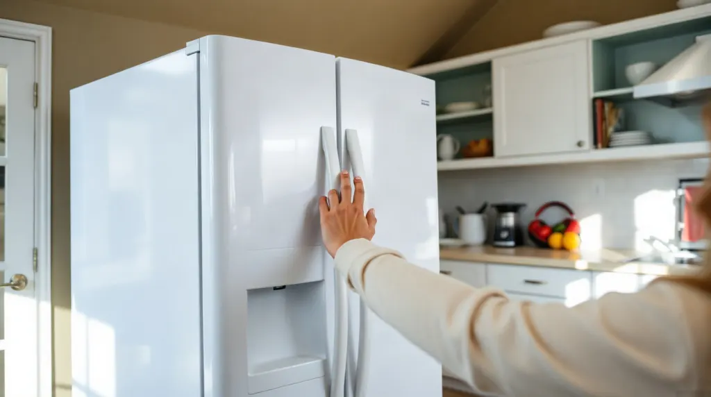 Main appuyant sur le panneau de commande d'un frigo américain Samsung