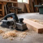 Menuisier rabotant une planche de chêne en atelier
