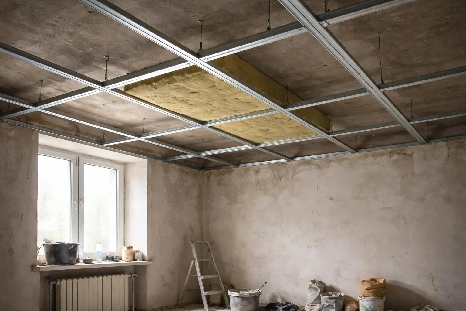 Ossature métallique de faux plafond avec laine de roche
