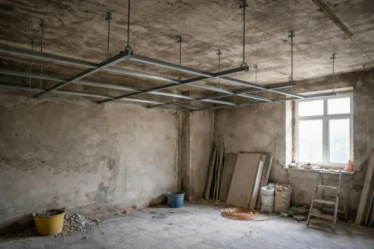 Pose d'un faux plafond sur ossature métallique avec suspentes